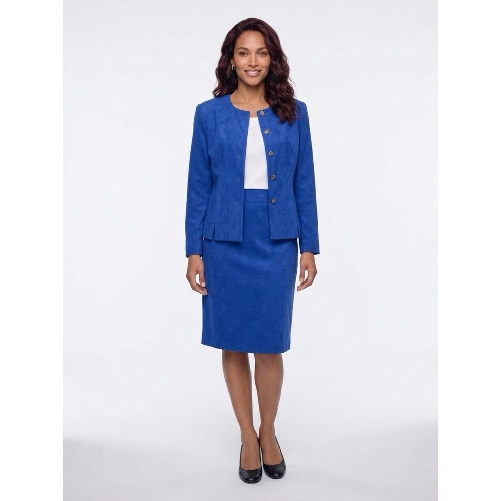 Leslei Fay 8P Blue Blazer/Skirt Suit 2 PC Set Faux Suede‎ Fully Lined Women's